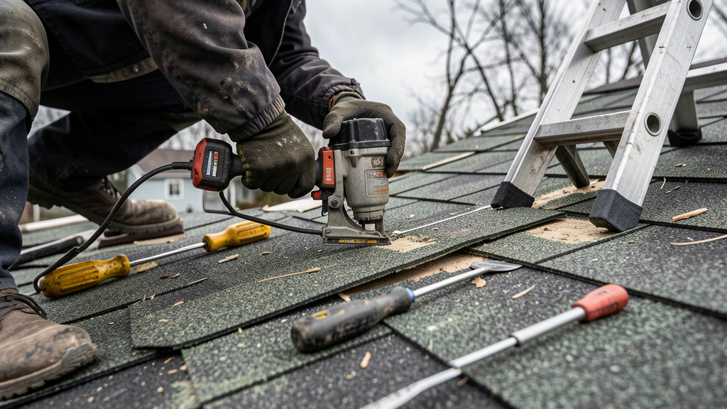 Roofer using nail gun on storm-damaged shingle replacement