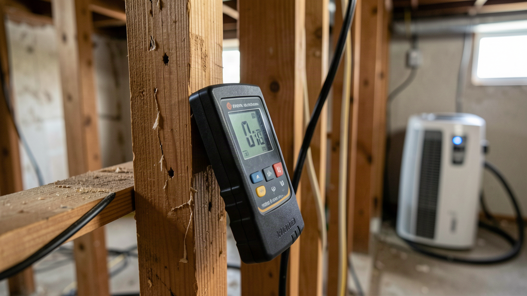 Water damage mitigation scope: moisture meter on exposed studs